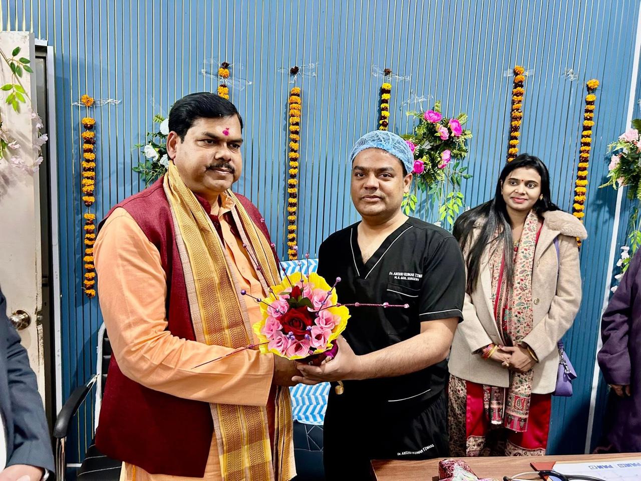 Dr. Anshu Kumar Tiwari being felicitated by MLA at chamber inauguration, Jagannath Seva Sadan Hospital, Gopalganj