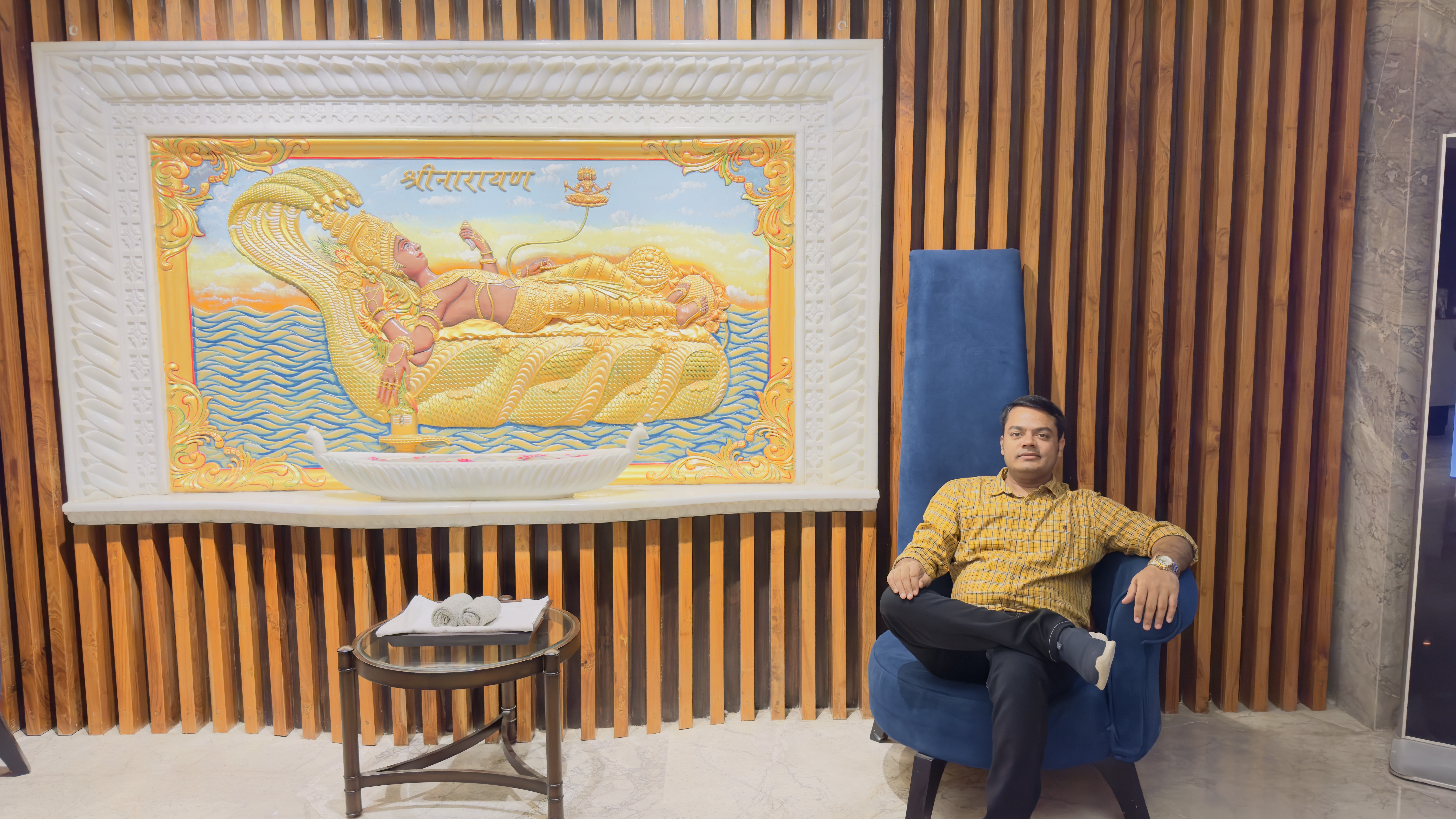 O P Hospital reception and patient lobby with Shri Narayan artwork, Gopalganj